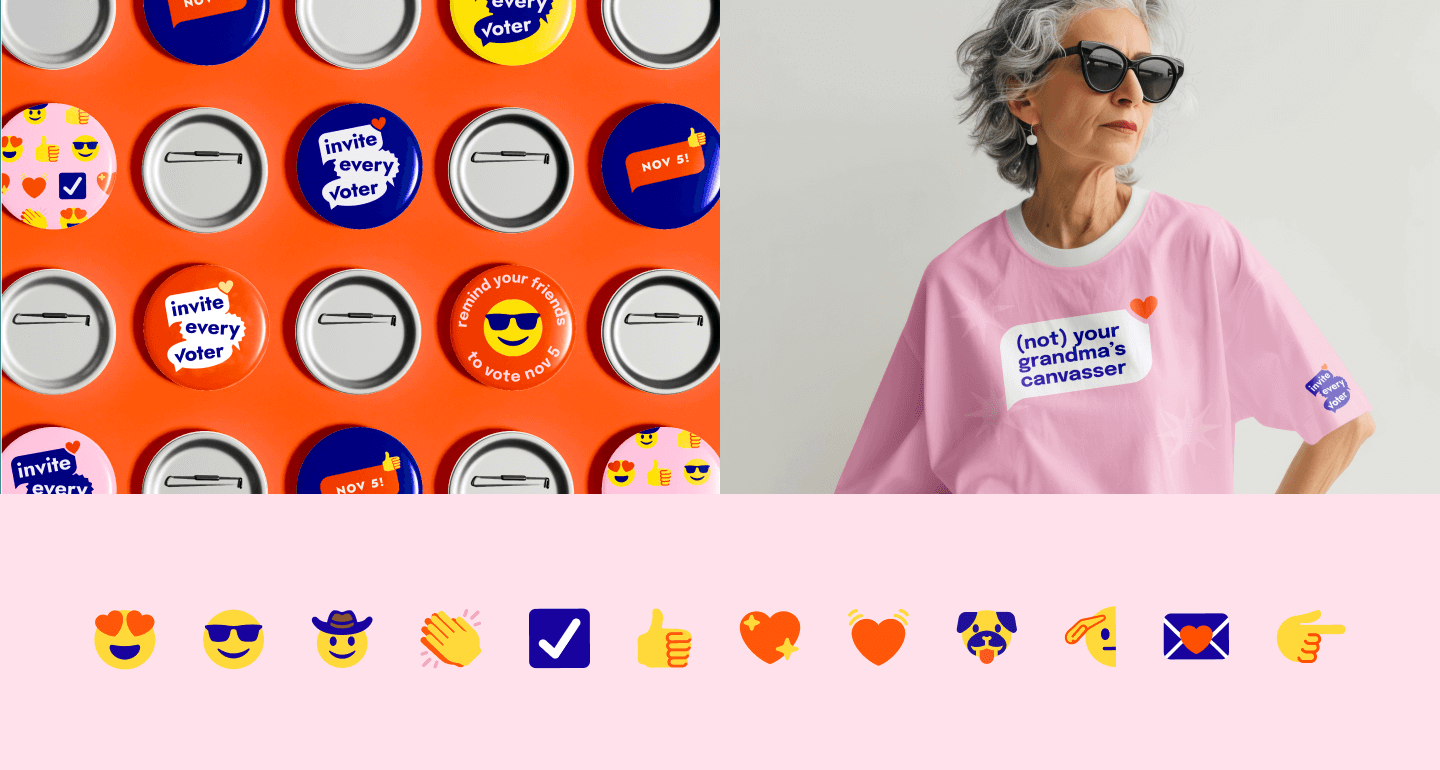A collection of VoteRev collateral, including a set of colorful buttons, a t-shirt worn by a cool grandma that reads